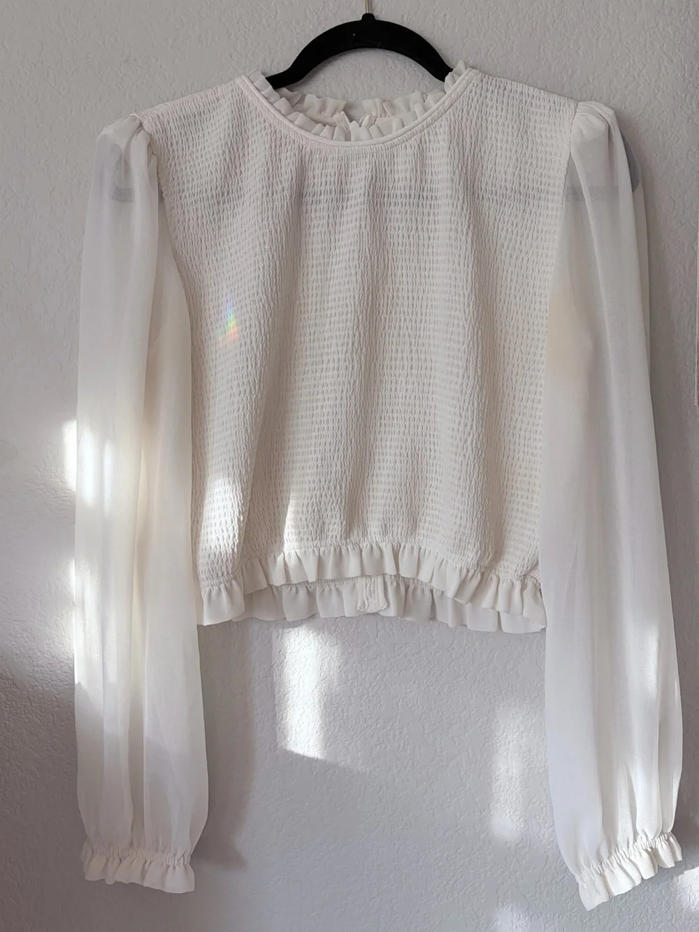 Aritzia Wilfred Cropped Blouse w/ Ruffled Top & Sheer LongSleeves in White -Sz M